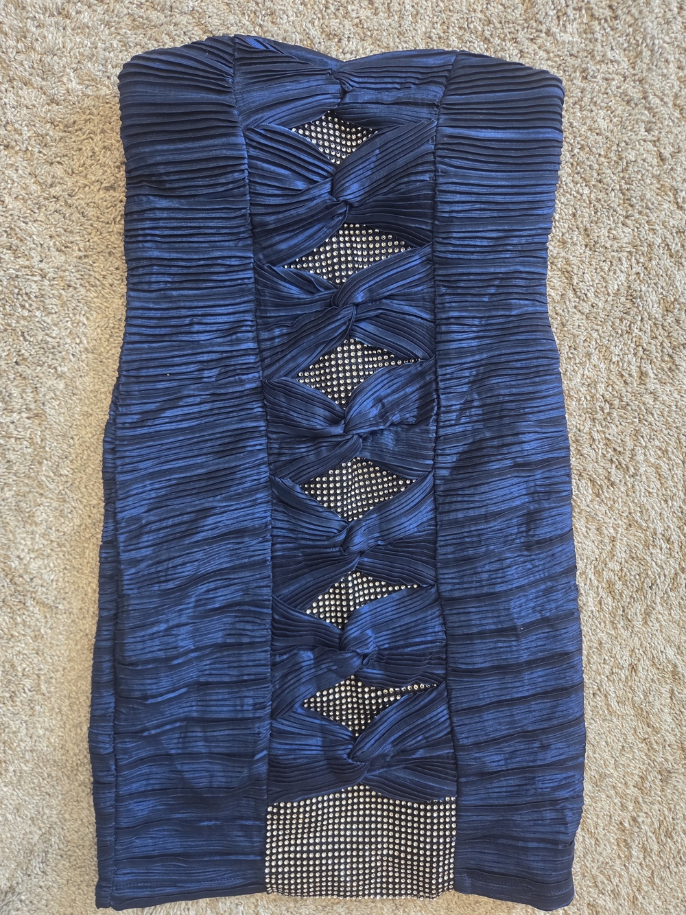 le chateau Strapless Navy Blue Ruched Knot-Detail Mini Dress